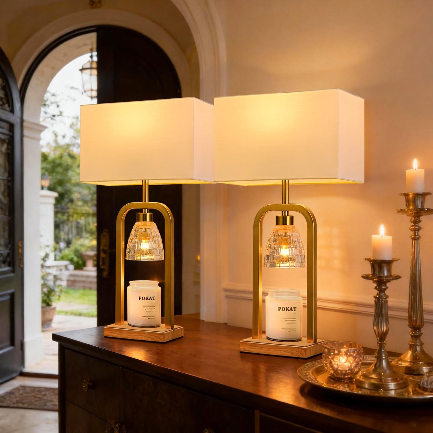 PoKat Electric Candle Warmer Lamps Gold, Lamp Candle Warmers with Timer Dimmer, Wax Light Warming Table Lamps Set of 2 for Jar Candles, Modern Bedside Lamp for Home Decor Living Room, Bulb Included