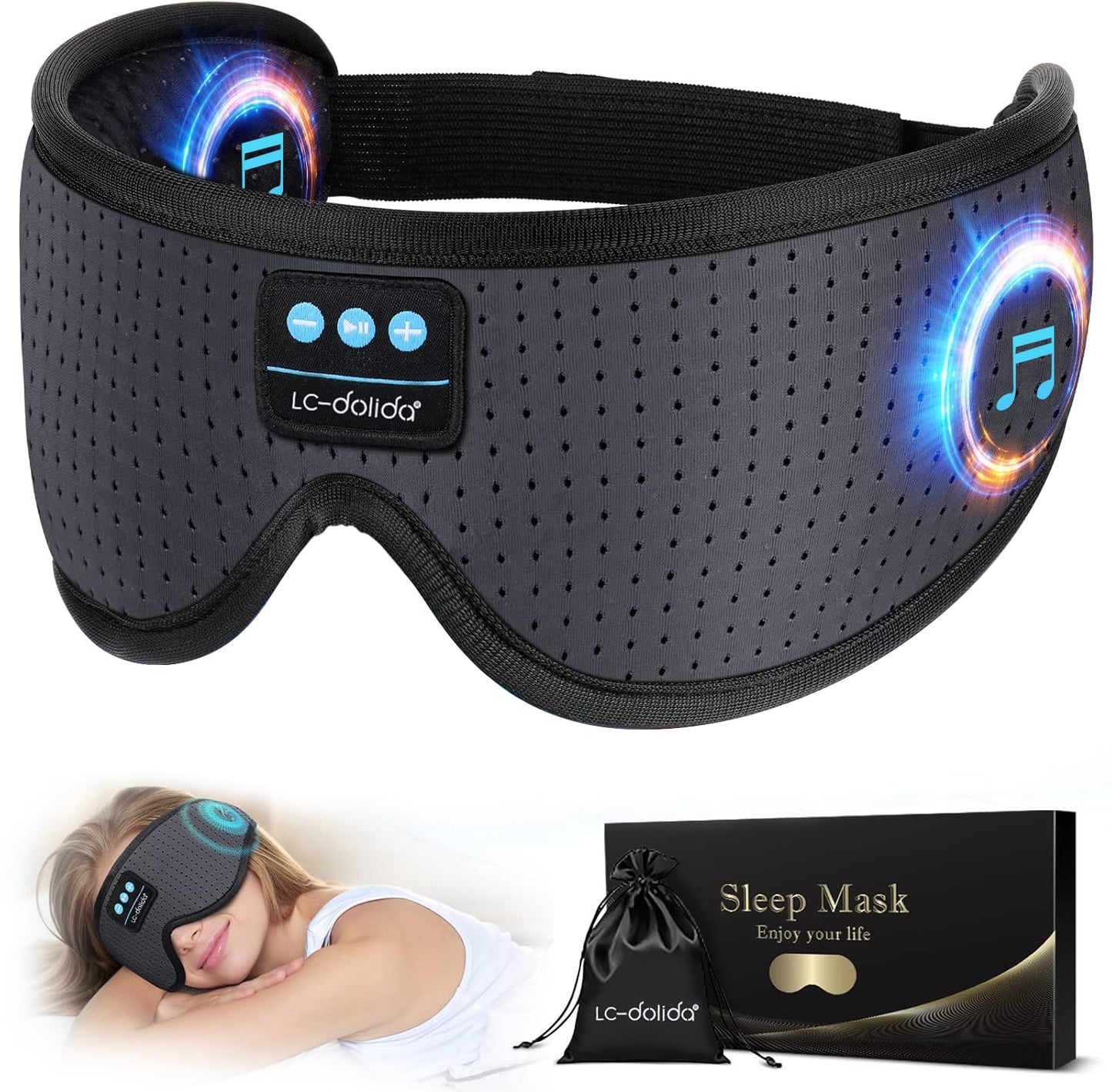 LC-dolida Sleep Headphones, White Noise Bluetooth Sleep Mask 3D Wireless Timing Eye Mask for Sleeping, Sleep Mask with Bluetooth Headphones for Side Sleepers Travel Yoga, Cool Gadgets for Men Women