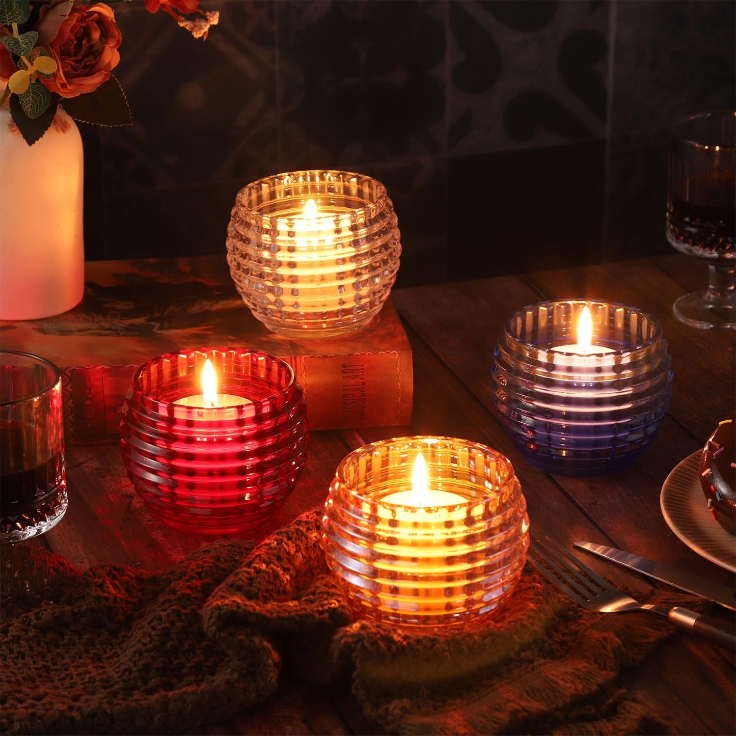 TkoYuHm 2 Pack Amber Glass Votive Candle Holders for Home Decor Round Bubble Tea Light Holder for Valentine’s Day Table Centerpiece Wedding