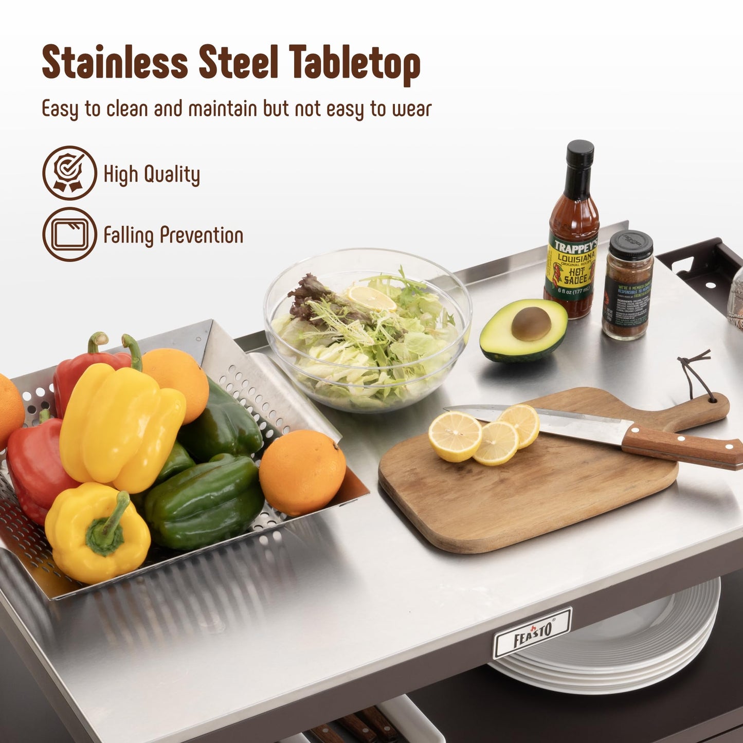 Feasto Outdoor Grill Cart with Stainless Steel Tabletop and Storage Cabinet, Movable Kitchen Island with Wheels for BBQ Food Prep, Brown