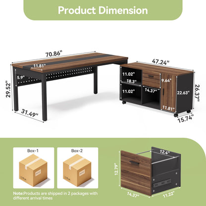 LITTLE TREE 70.8" Executive Desk with Lateral File Cabinet, Modern Thickened Wooden Workstation L-Shaped Computer Desk Large Home Office Writing Desk for Home Office