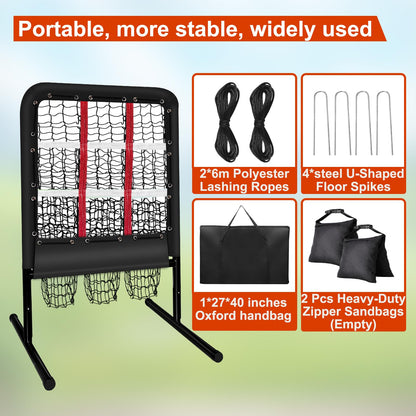9 Hole Pitching Net with Strike Zone and Handbag, Fixed by 4 Ground Stakes & 2 Sandbags. Adjustable Heights (39-46in) for Pitching Target Net, Softball Training