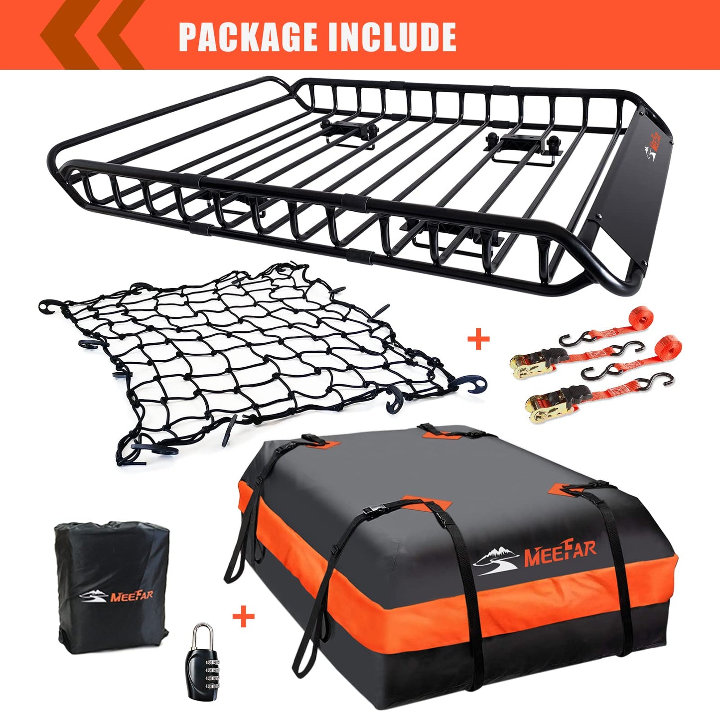Roof Rack Carrier Carrier Basket 51"*36"*5"+Waterproof Bag 15 Cubic Feet(44"*34"*17"),and Cargo Net with Attachment Hooks,Ratchet Straps.200 Lbs Capacity,Universal Rooftop Large Size Roof Rack