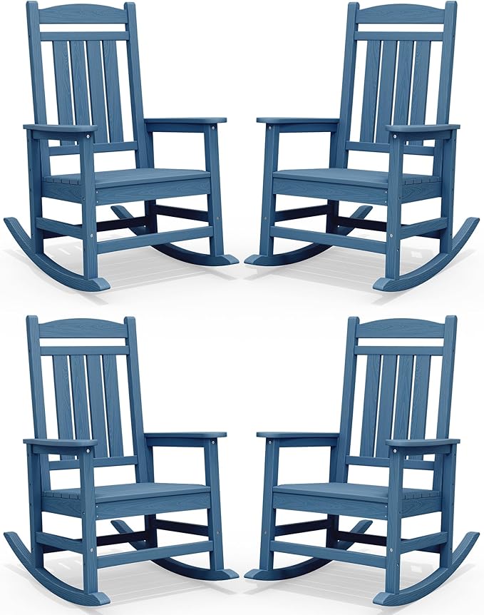 SERWALL Rocking Chairs Set of 4, HDPE Outdoor Rocking Chair, All-Weather Porch Rockers for Patio, Blue