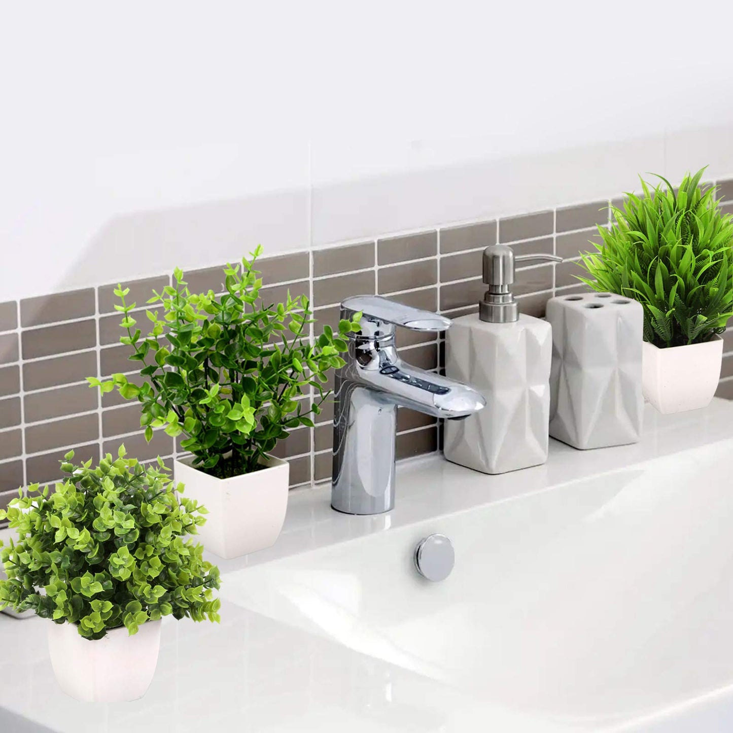 GREENTIME 3Pack Mini Fake Plants in Pots Artificial Plastic Eucalyptus Plant Wheat Grass Potted Faux Greenery Indoor for Office Desk Coffee Table Bathroom Bedroom Home Decorations