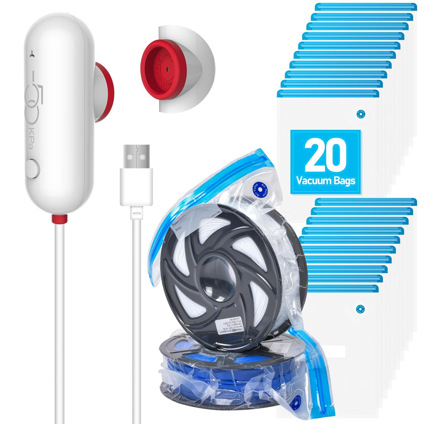 Vacbird 3D Printer Accessories Upgrade Vacuum Kit, 20pcs 3D Filament Vacuum Bags with USB Pump (30 * 34cm) Reusable, for 3D Printer Filament Storage, Protect Filament from Moisture