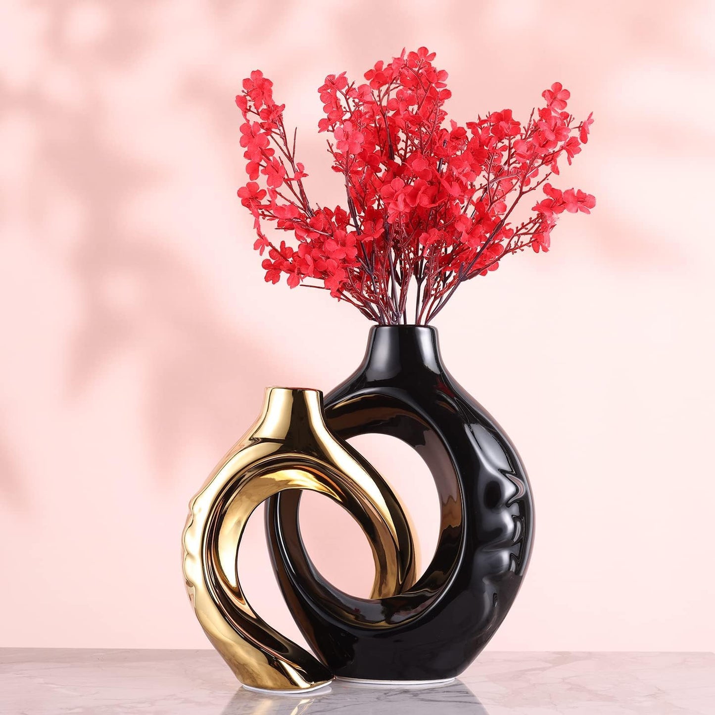 LCCCK Boho Black and Gold Ceramic Vases for Home Decor - Small Hollow Donut Vases for Living Room Table Wedding Centerpiece