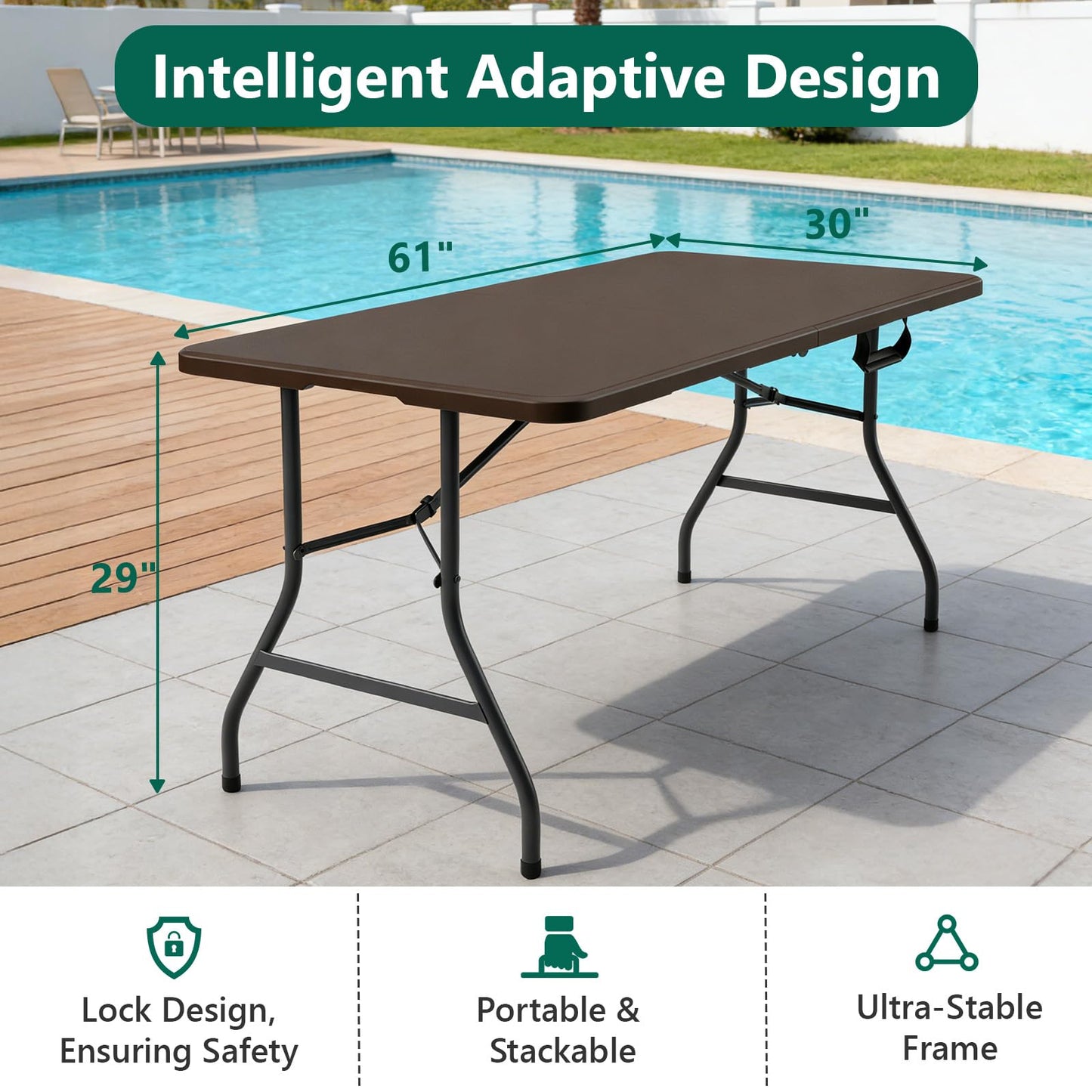 2 Pack 5ft Folding Table, Foldable Picnic Table with Carrying Handle, Heavy Duty Fold-in-Half Portable Table for Weddings, Camping, RV Travel, Parties, and Indoor Use, Easy to Fold and Store, Brown