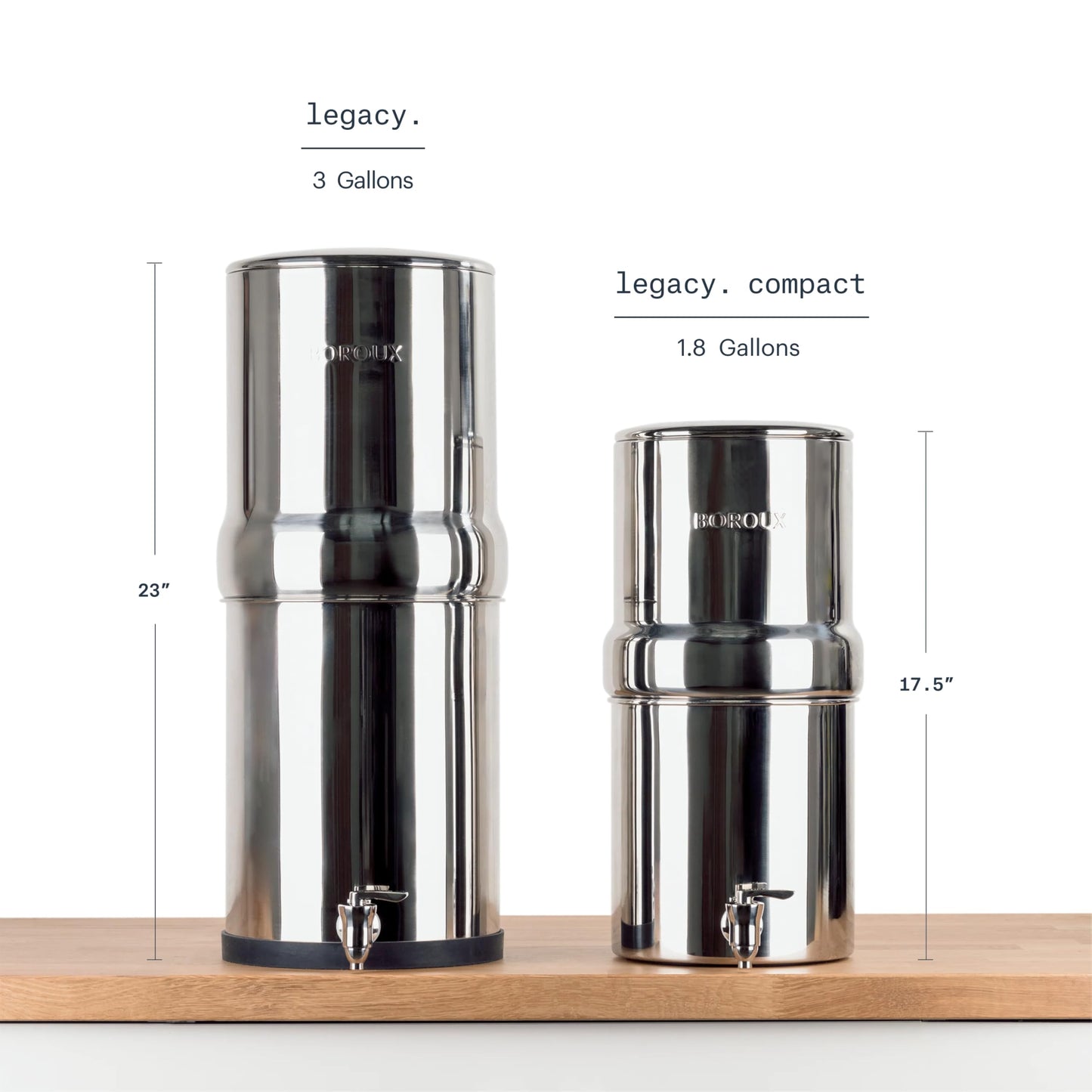Boroux Compact Gravity-Fed Countertop Stainless Steel Water Filter System | 1.8 Gallons with 2 Authentic Black Foundation Filters