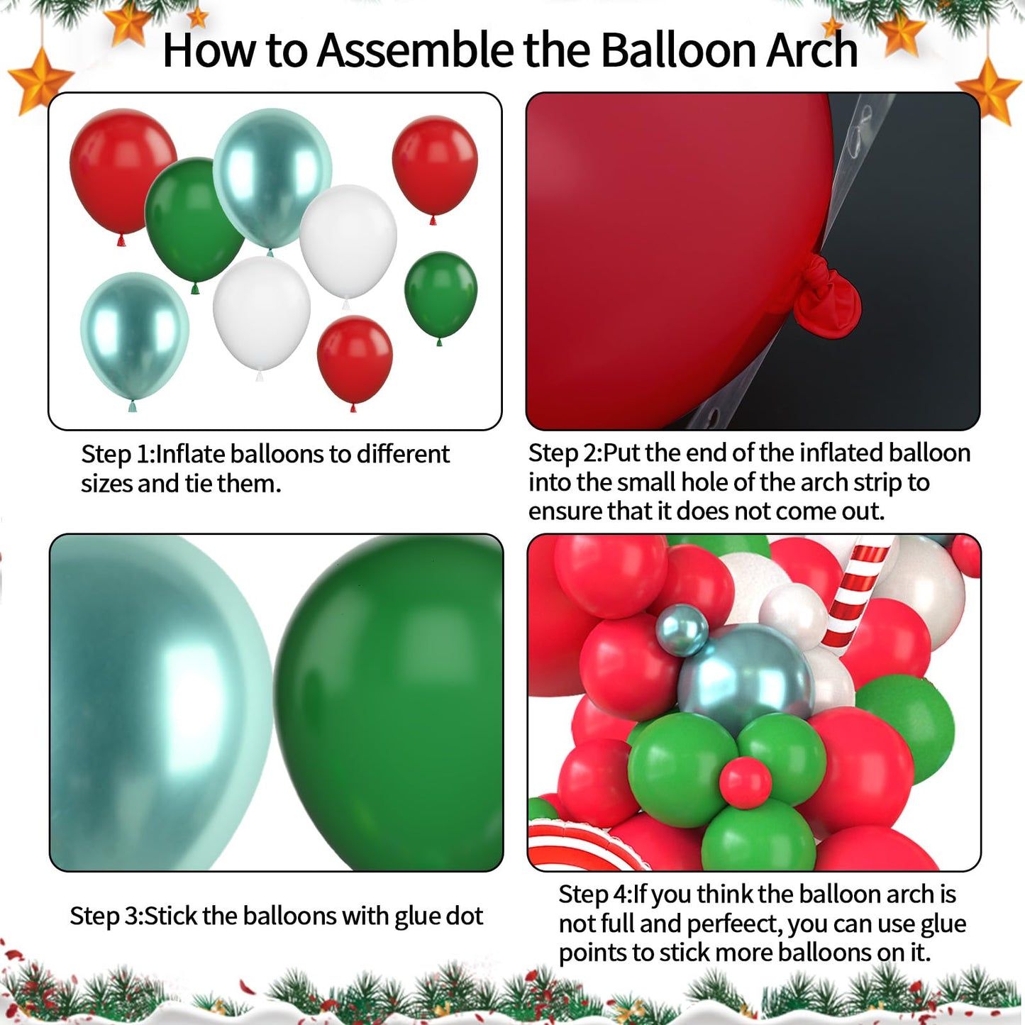 Christmas Balloon Garland Arch Kit, Christmas Balloon Arch with Metallic Green Red White Latex Balloons Snowflake Santa Foil Balloons Candy Cane for Xmas New Year Party Decoration