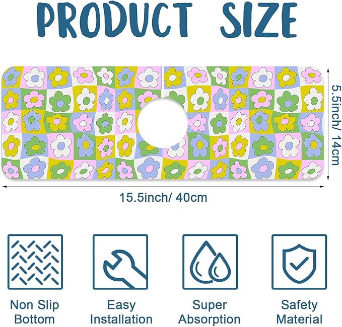 Cute Flowers Kitchen Sink Splash Guard Faucet Mat Retro Floral Super Absorbent