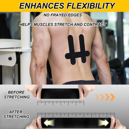 12pcs Kinesiology Tape for Lower Back, Breathable & Waterproof Lower Back Sports Tape Precut Strips Cotton Elastic Athletic Sticker for Muscle Support (Black)