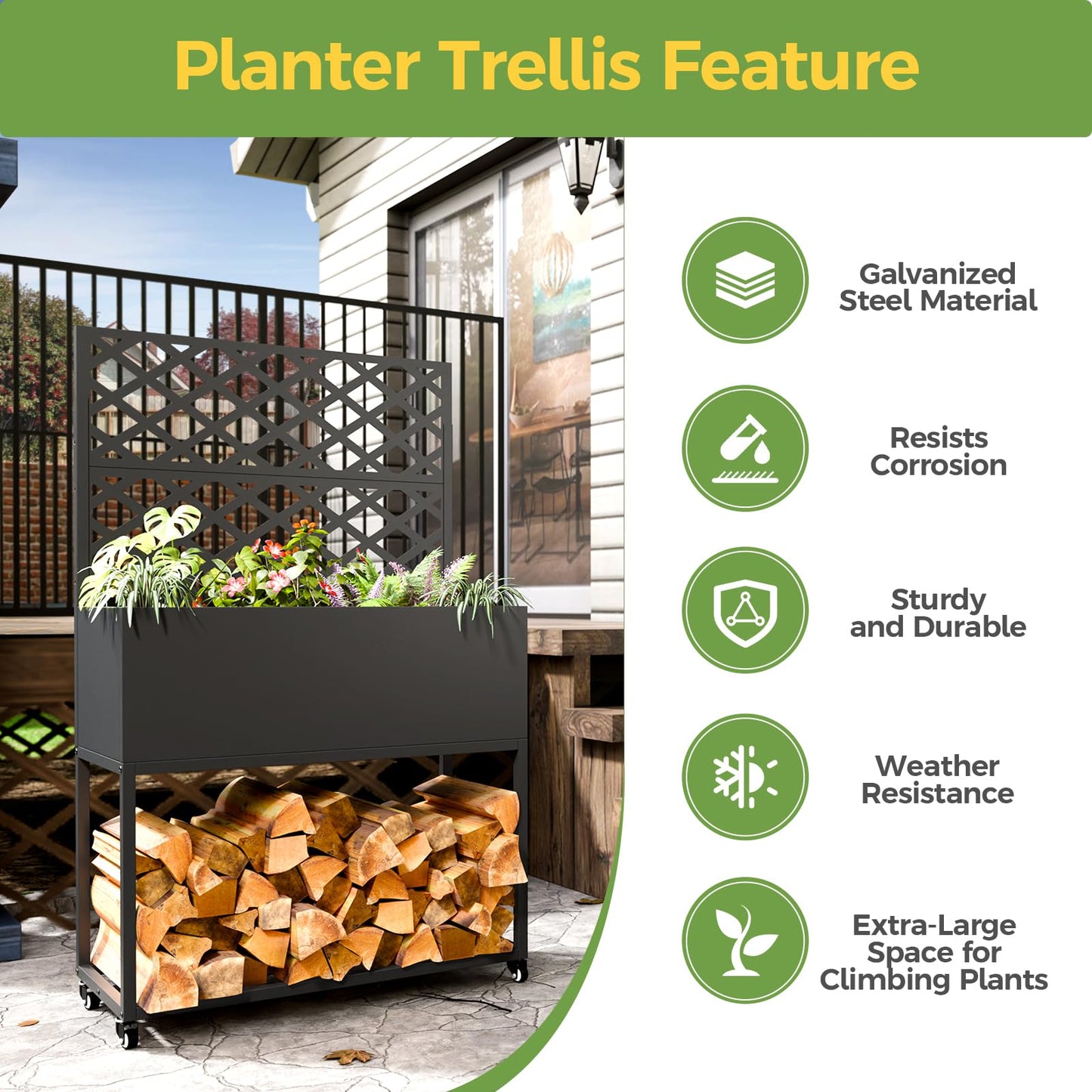 Metal Planter Box with Trellis, 3 in 1 Raised Garden Bed with Trelli & Firewood Rack, Privacy Planter Screen for Climbing Plants, Vine, Outdoor Garden Standing Beds with Drainage Holes, Wheels,Black