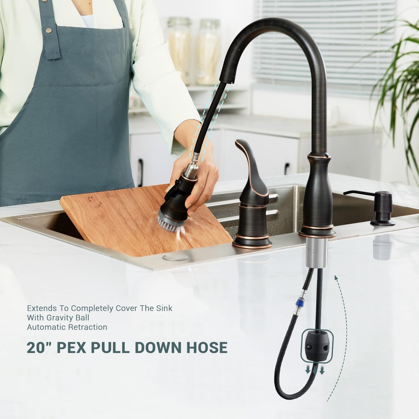 APPASO 3 Hole Kitchen Faucet with Pull Down Sprayer, Kitchen Faucets with Soap Dispenser, 3 Pieces Kitchen Sink Faucet with Separate Handle, Matte Black Kitchen Faucet 3 Hole, 218MB