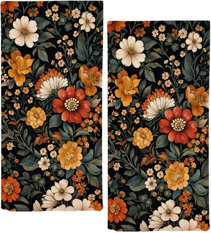 Boho Floral Hand Towels Set of 2 Mid Century Flower Kitchen Towels Decorative