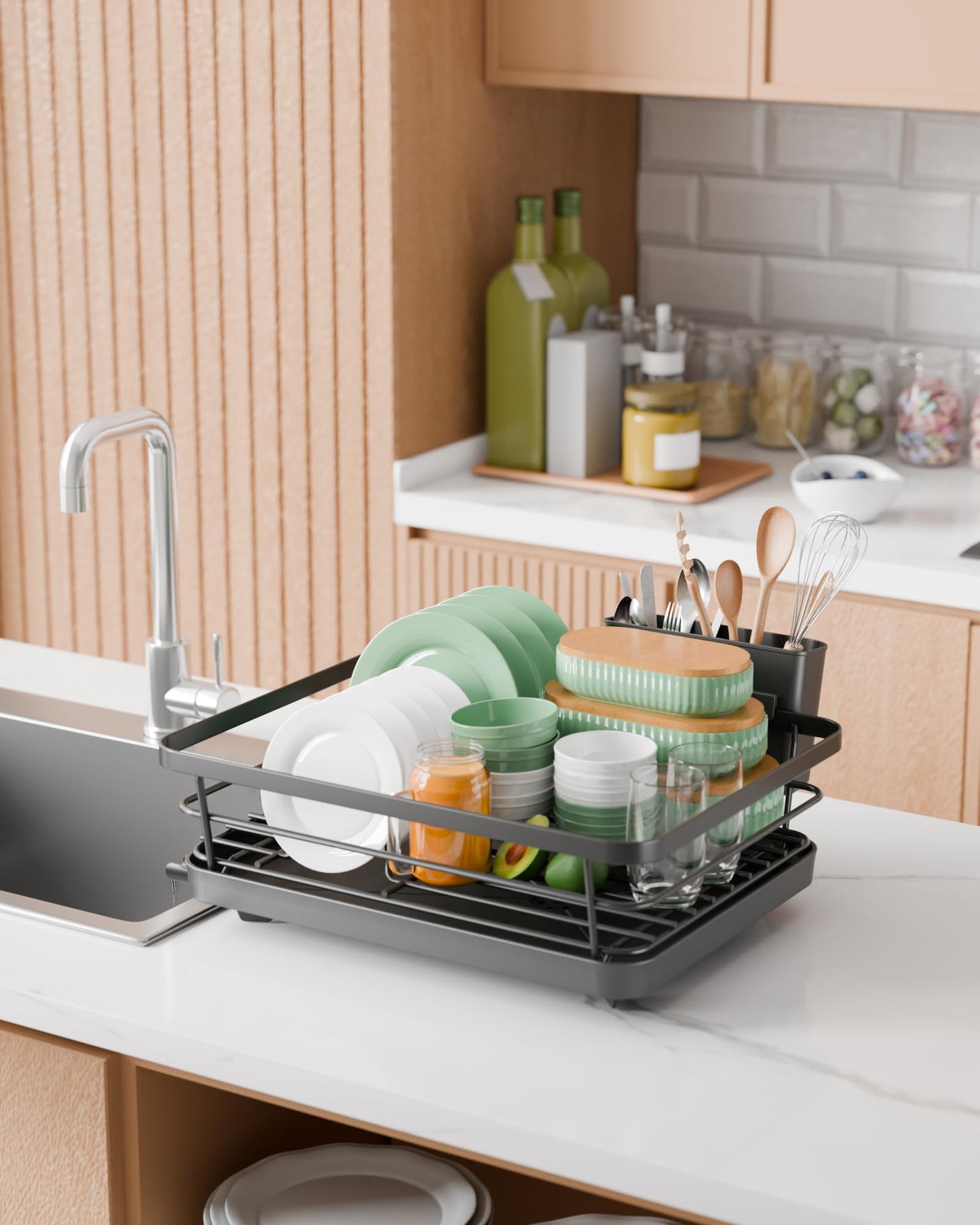 Kitsure Dish Drainer Rack- Space-Saving Dish Drainer, Dish Racks for Kitchen Counter, Stainless Steel Kitchen Drying Rack with a Cutlery Holder, Large, Black