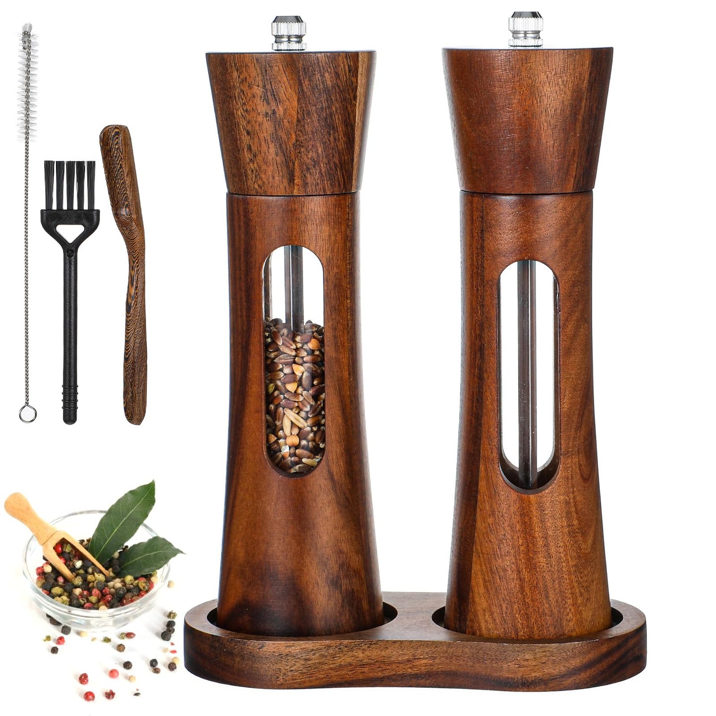 Wood Salt and Pepper Grinder Set, 8 inch Manual Refillable Wooden Salt and Pepper Shakers Mill with Brush, Tray and Spoon, Adjustable Coarseness, Solid Wood with Ceramic Stainless Steel Core