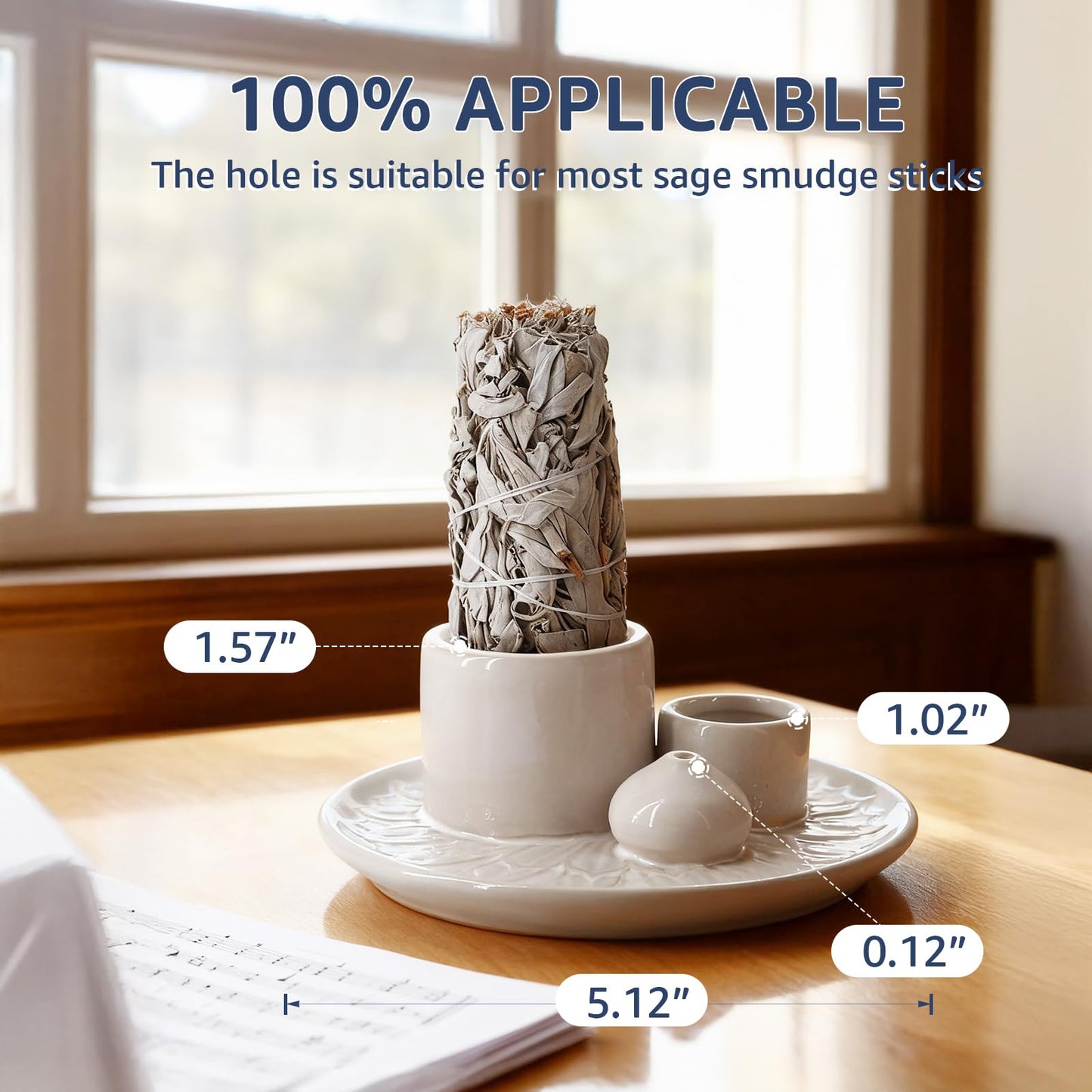 4 in 1 Ceramic Incense Holder, Palo Santo Stick Holder, Sage Holder for Burning, 5.2" Ash Catcher Tray for Meditation, Yoga & Home Decor (White)