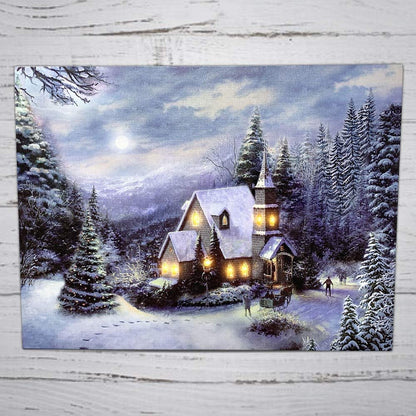 LED Wall Art - Lighted Church Christmas Canvas Print - Light Up LED Winter Woodland Country - Snowy Forest Setting - Measures 11.75" x 15.75"