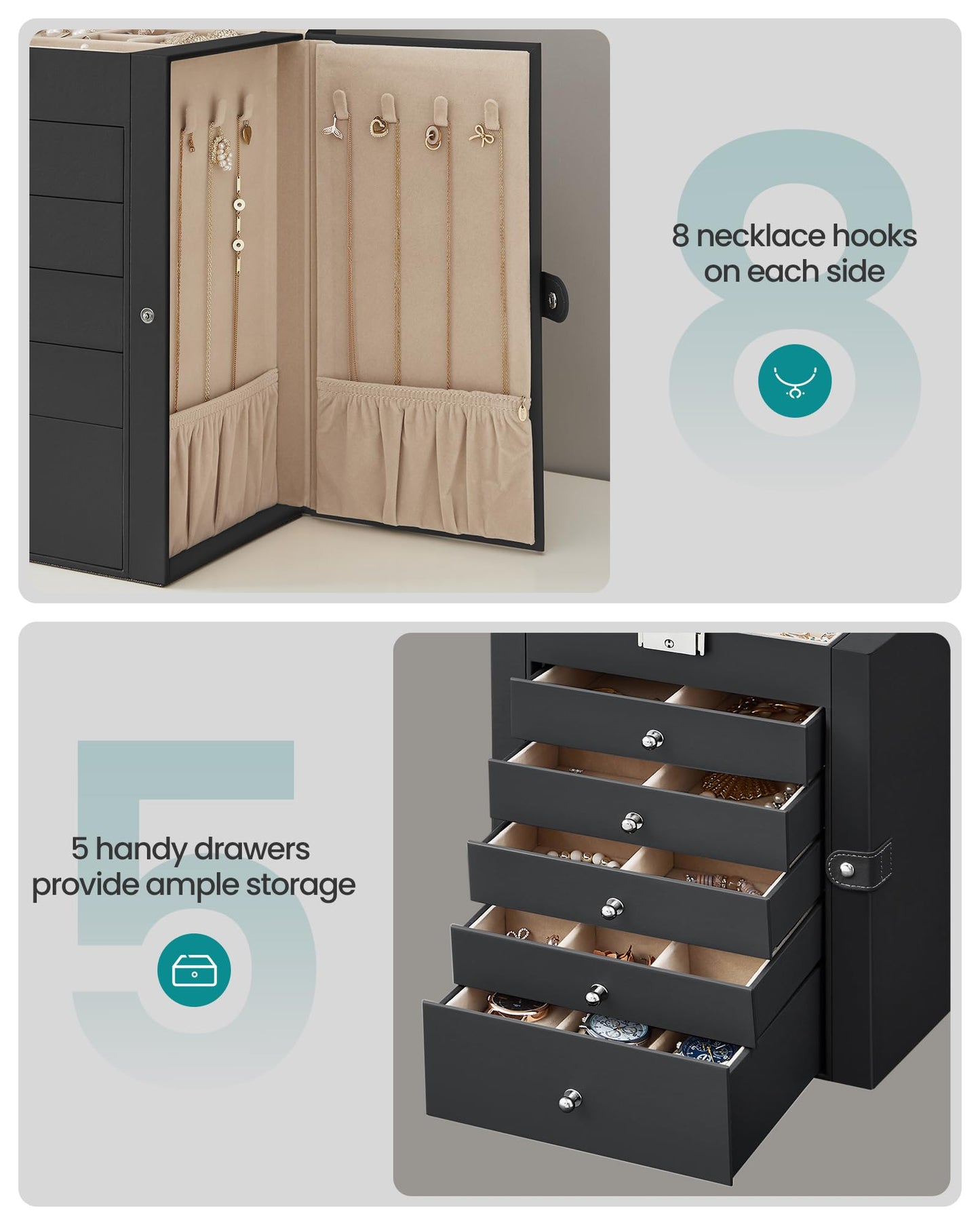 SONGMICS Jewellery Box 6 Tiers, Jewellery Case with 5 Drawers, Large Storage Capacity, with Mirror, Lockable, Jewellery Storage Organiser, Gift for Loved Ones, for Watches, Black JBC152B01