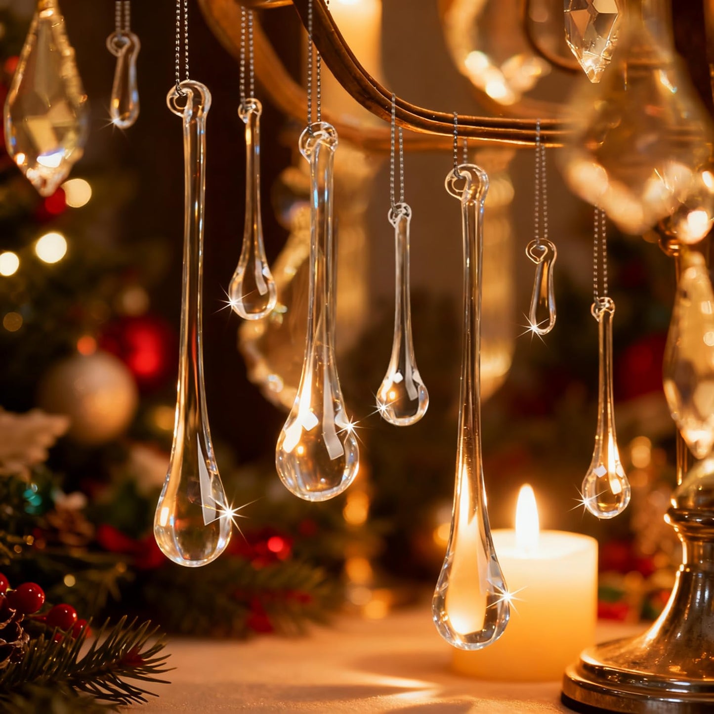 OuMuaMua 64 Pcs Glass Raindrop Christmas Ornaments Crystal Teardrop Hanging Ornaments Clear Chandelier Drop Pendant Decorations for Christmas Tree Winter New Year Party Supplies Home Decor