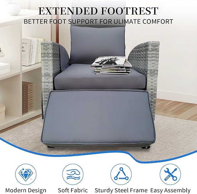 Wicker Outdoor Recliner | 145° Wicker Patio Reclining Chair with 4" Cushion | Air Pump Adjustable Backrest & Footrest, Flip-up Table & Side Pocket for Yard Patio Porch (Gray)