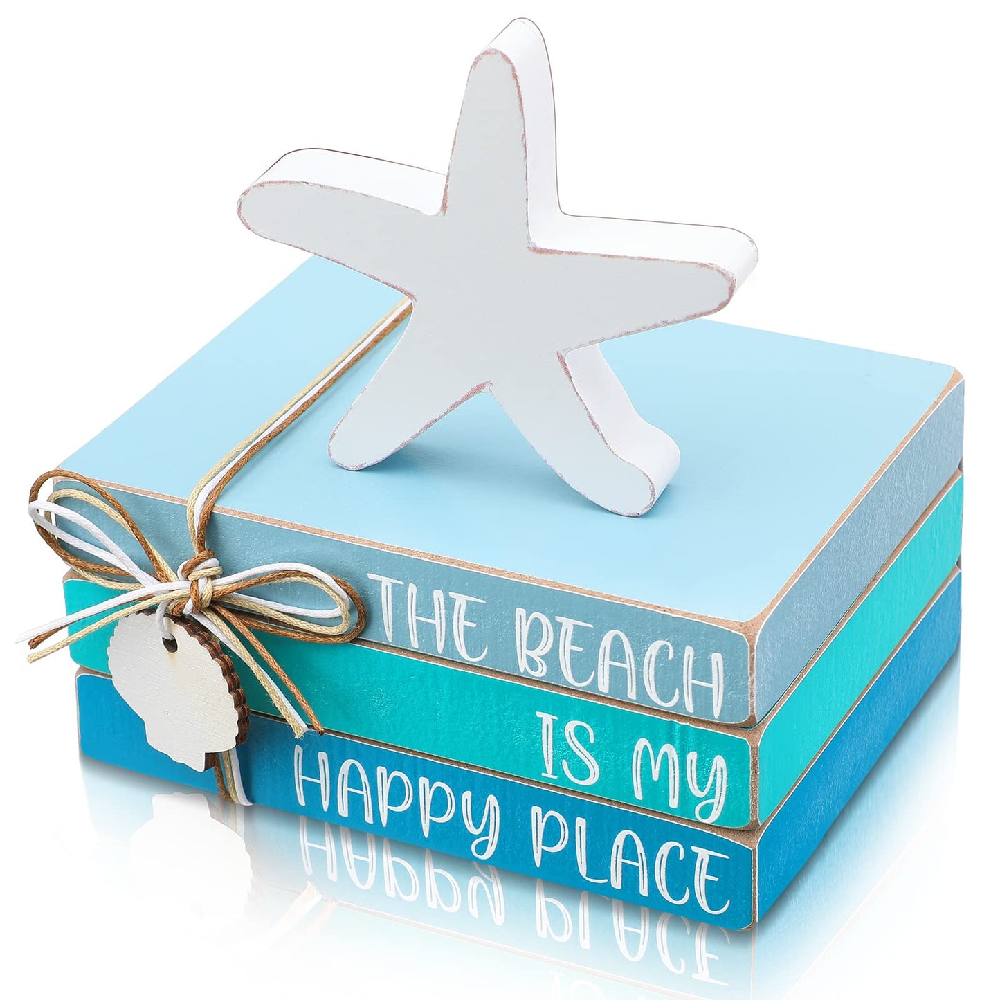Pinkunn 4 Pcs Summer Table Coastal Theme Decorations Wooden Beach Starfish Stacked Book Sign Nautical Tiered Tray Signs & Plaques for Tabletop Shelf Mantel Office Beachy Room Decor