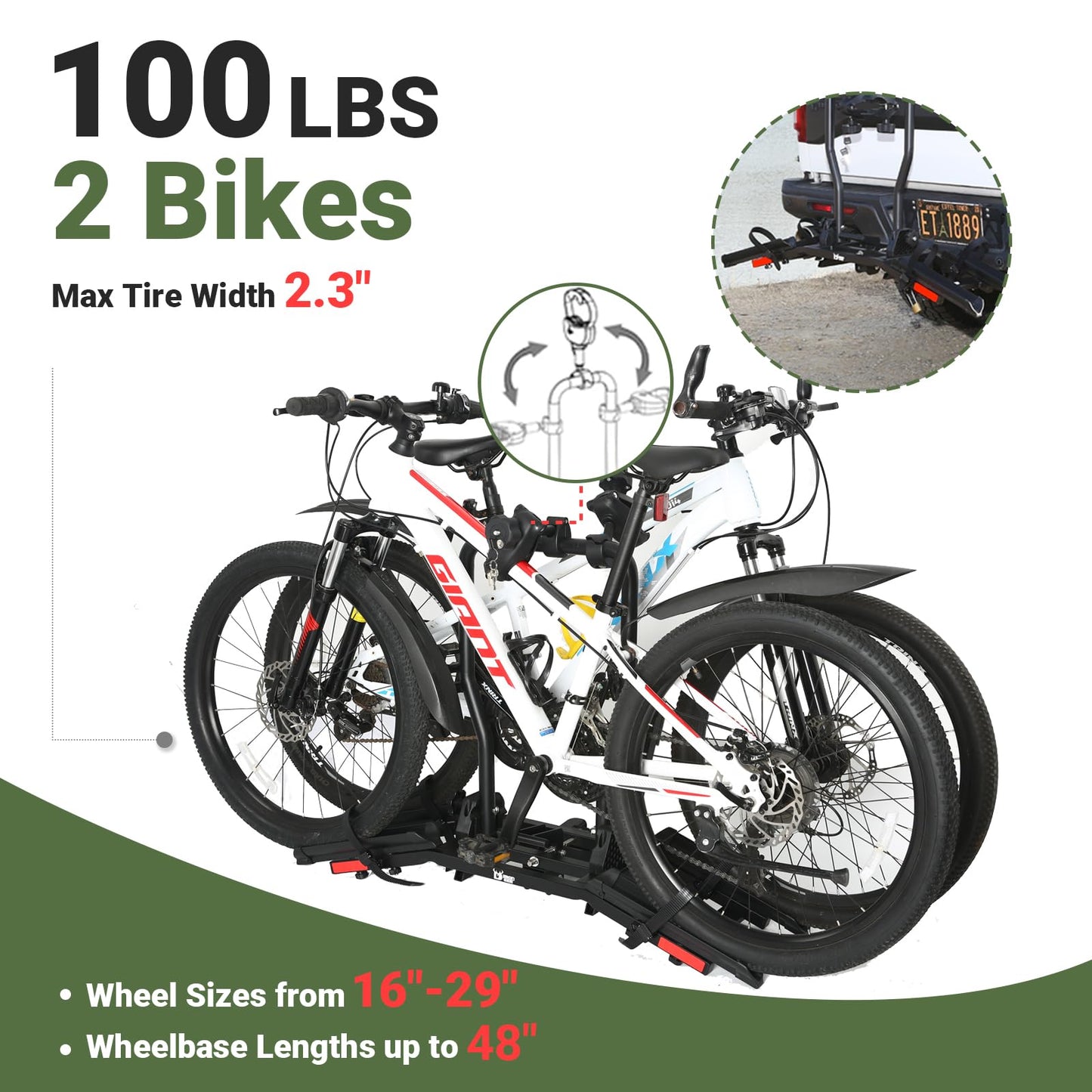 Sport X Hitch Bike Rack, Hitch Bicycle Car Rack for 2 Bikes, Anti-Wobble Locking Tilting Folding Bike Rack with 1¼/2 Inch Receiver for Cars SUVs Trucks, Bike Carrier Platform Fits 16''-29'' Bikes