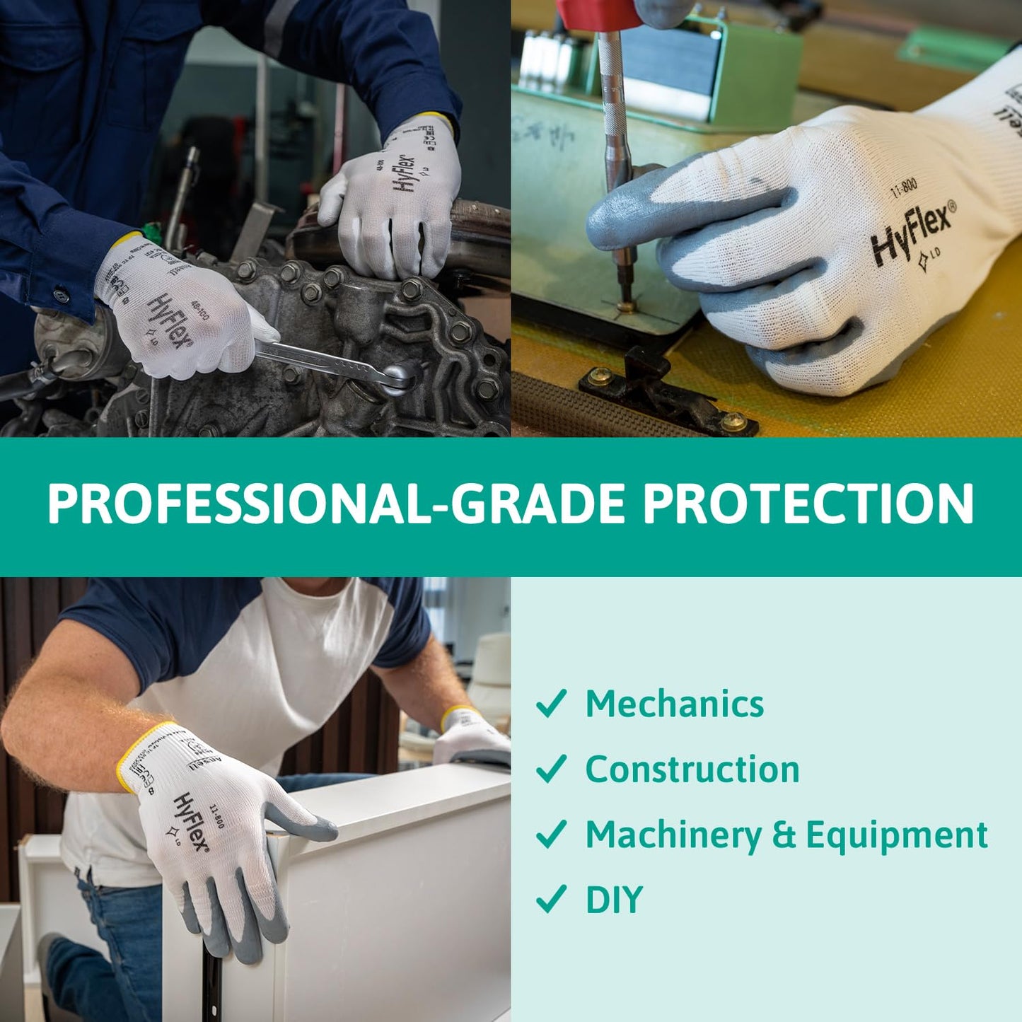 Ansell HyFlex 11-800 Professional Work Gloves, Abrasion Resistant Nitrile Coating with Firm Grip, Multipurpose Protection Gloves, Mechanical and Industrial Safety, White, Size M (12 Pairs)