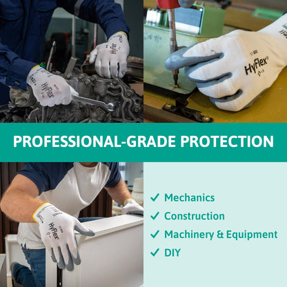 Ansell HyFlex 11-800 Professional Work Gloves, Abrasion Resistant Nitrile Coating with Firm Grip, Multipurpose Protection Gloves, Mechanical and Industrial Safety, White, Size M (12 Pairs)