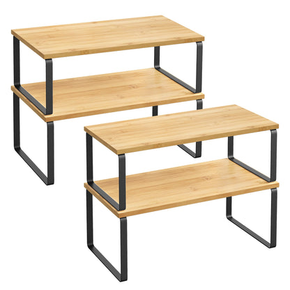 SONGMICS Cabinet Organizer Shelf, Set of 4 Kitchen Counter Shelves, Kitchen Storage, Spice Rack, Stackable, Expandable, Metal and Engineered Wood, Cloud White and Natural Beige UKCS010N01