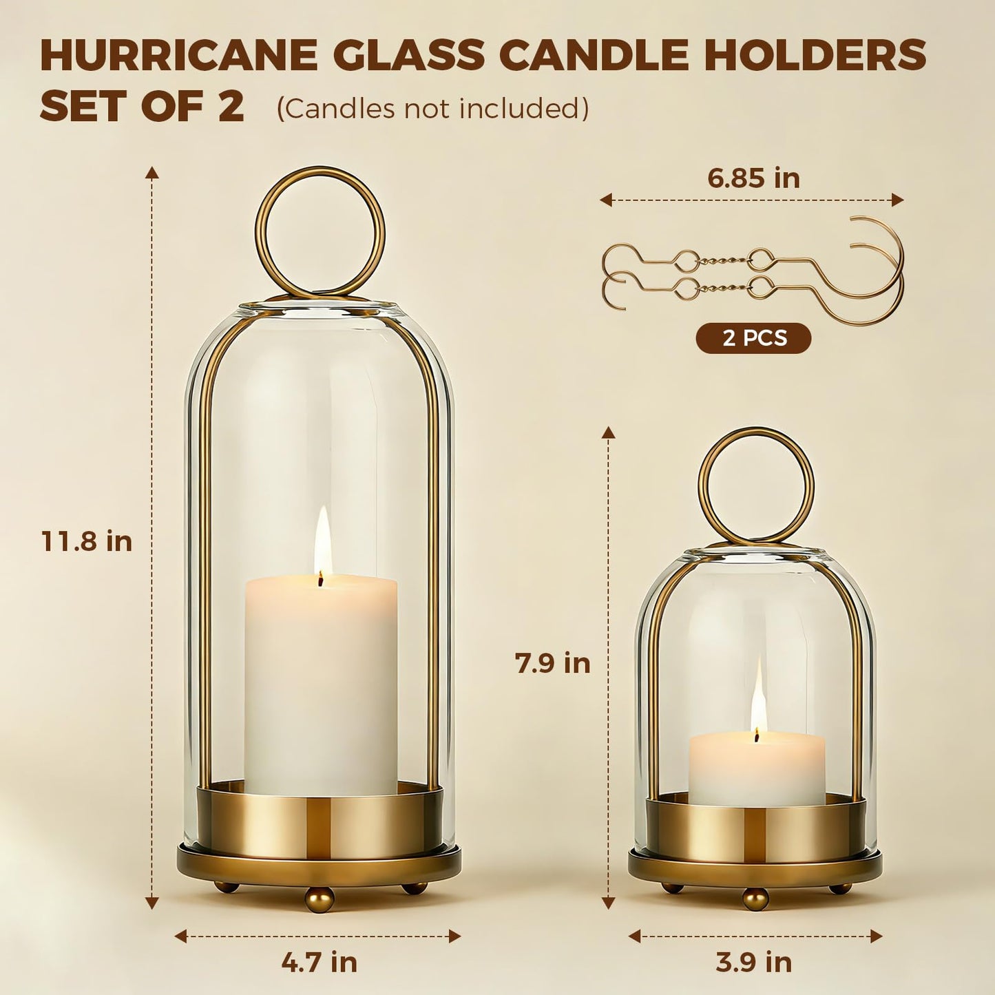 Havmorph 5"&4" Hurricane Glass Candle Holders, Hanging Brass Metal Candle Holder for Pillar Candles Table Coffee Table Decor Interior Decoration