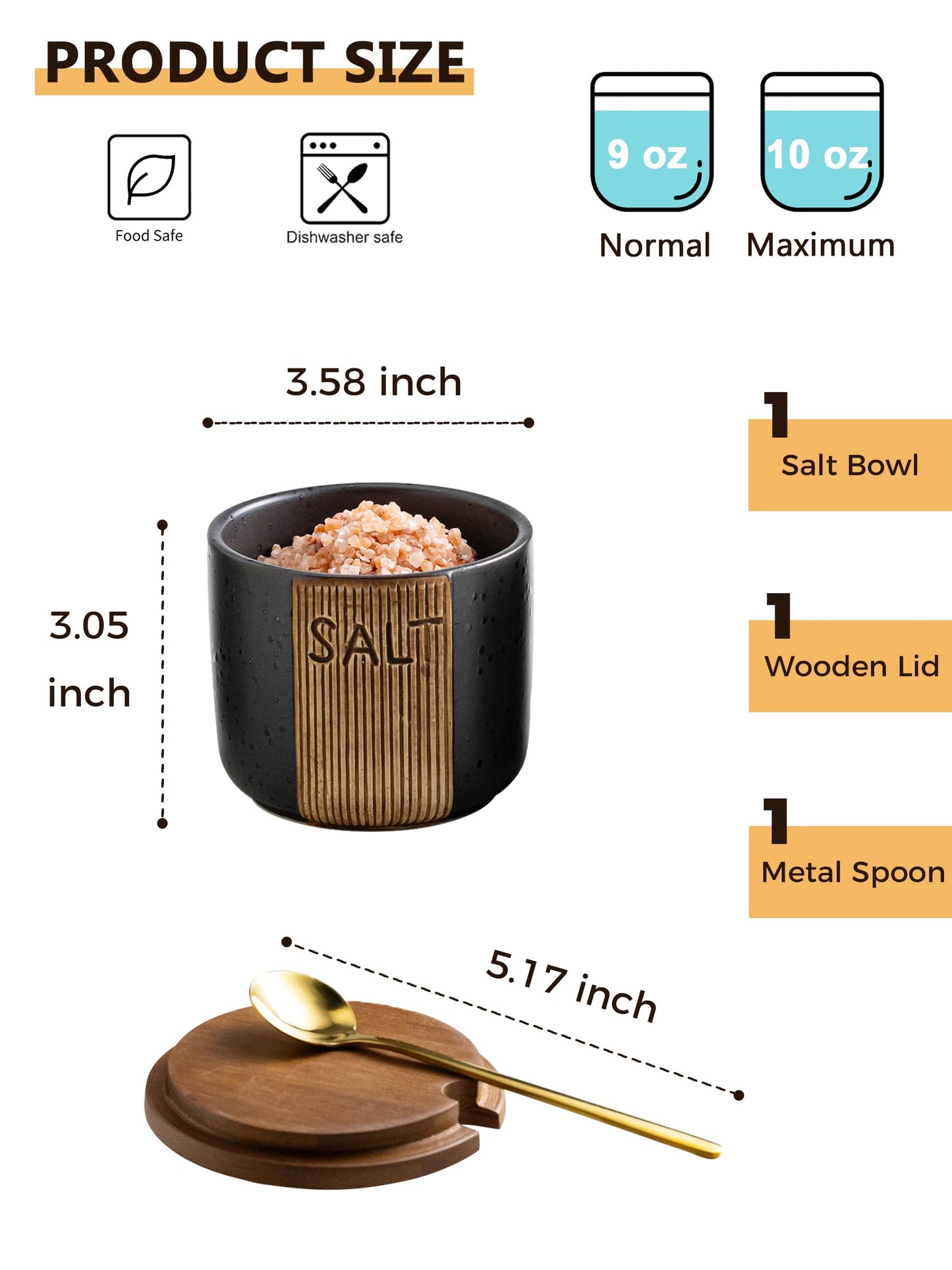 YHOJOY Salt Container for Countertop, Ceramic Salt Cellar with Lid & Spoon, Farmhouse Salt Bowl for Mother's Day, 10 OZ, Black