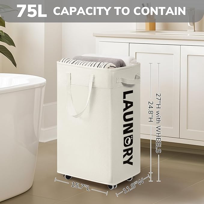 Goodpick Laundry Hamper with Wheels, 75L College Dorm Room Essentials, Clothes