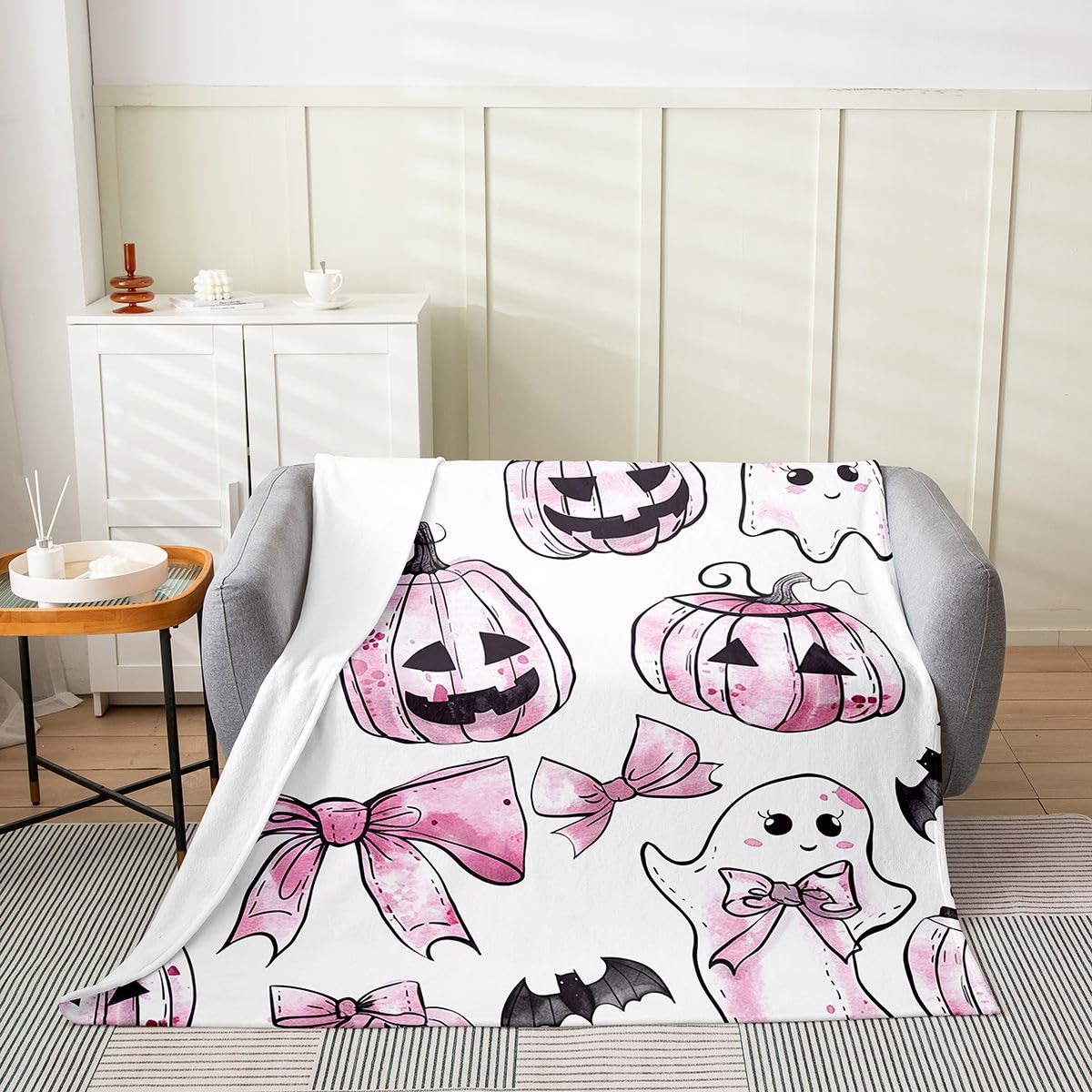 Feelyou Spooky Pumpkin Fleece Throw Blanket Halloween Themed Flannel Blanket Plush Fuzzy Bowknot for Bed Couch Chair Living Room Ghost Throw 50"x60" Spooky Pumpkin Bedroom Decor