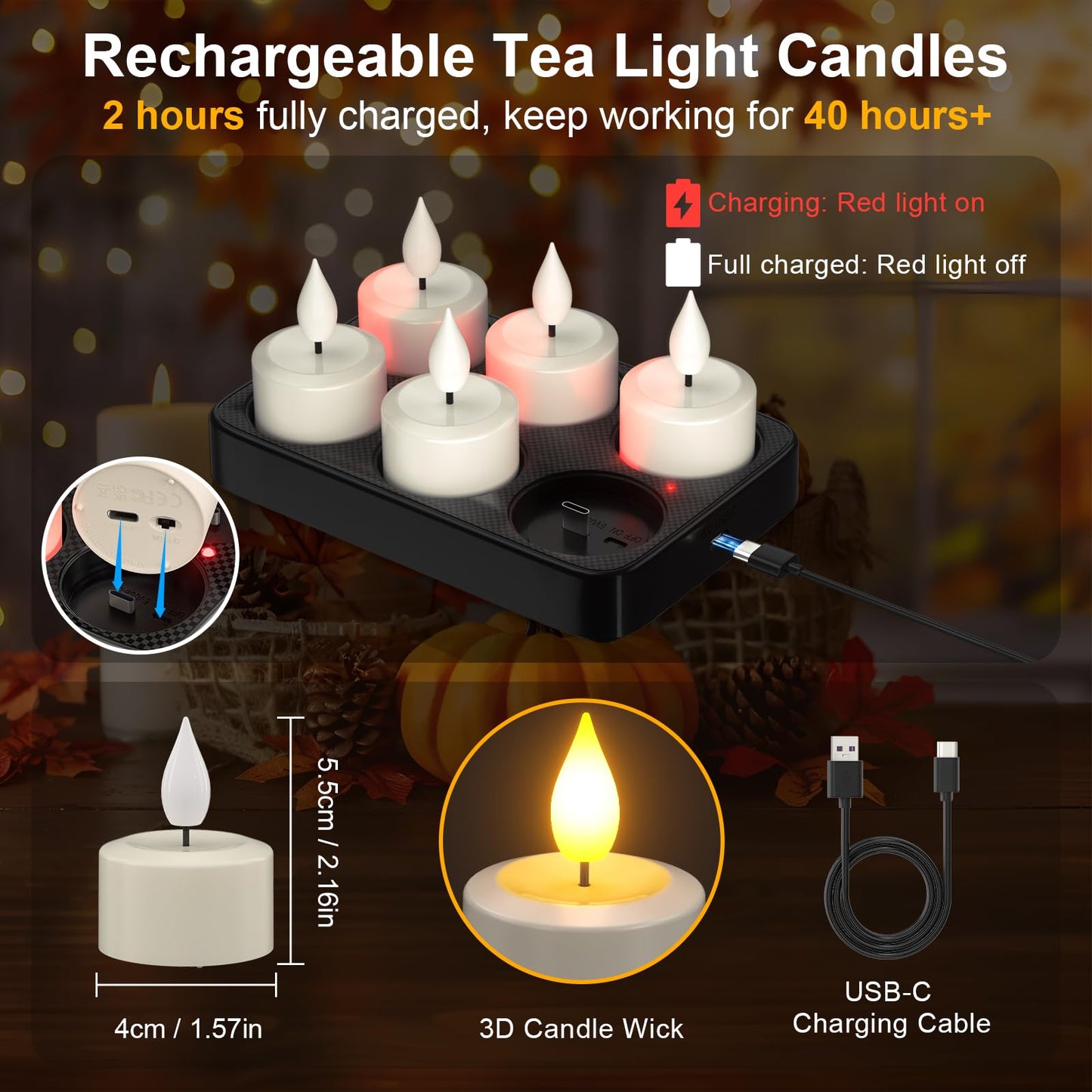 PChero Rechargeable Flameless Candles with Remote Timer & Charging Base, Long Lasting LED Tealight Battery Operated Flickering Candles for Home Decor Wedding Halloween Christmas, 6 Pack