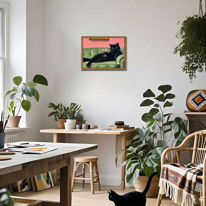 Funny Black Cat Martini Wall Art, Bar Cart Decor, Eclectic Cocktail Painting Canvas Print, Cute Animal Artwork Picture for Bedroom Living Room Kitchen 12x16 inch Wood Framed