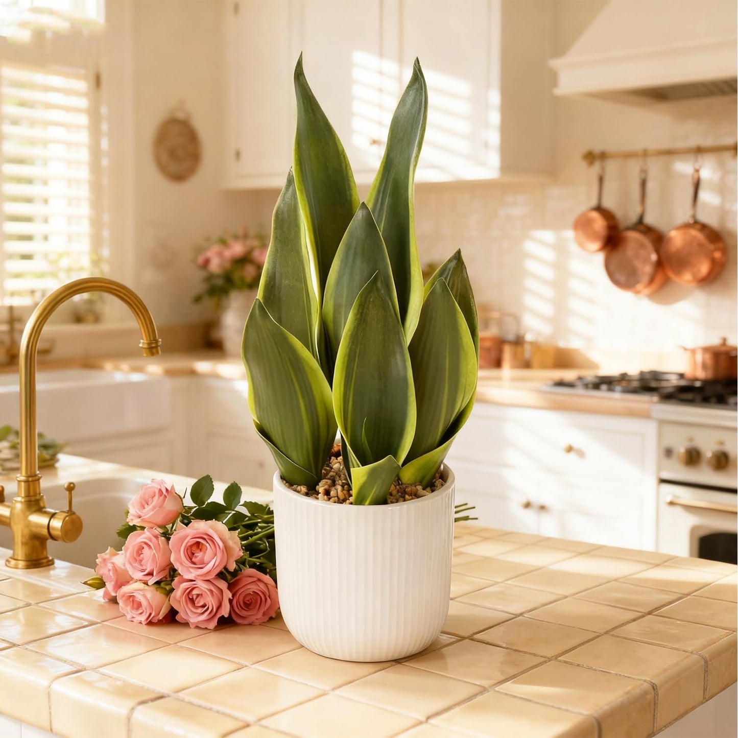 DUZYXI Artificial Realistic Snake Plant 16" with White Ceramic Pot Fake Snake Plants Sansevieria Greenery Faux Snake Plant for Home Office Living Room Housewarming Gifts Indoor Decor