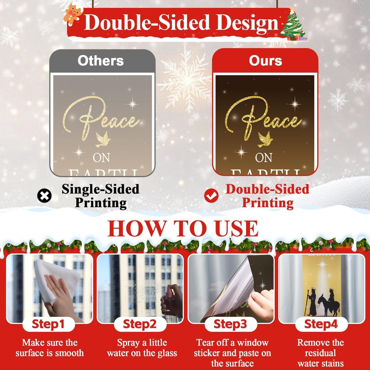 4Pcs Christmas Nativity Large Window Clings Decorations Religious Jesus Christmas Window Decals Nativity Scene Love Hope Joy Peace Double-Side Stickers for Xmas Holiday Party Home Church School Decor