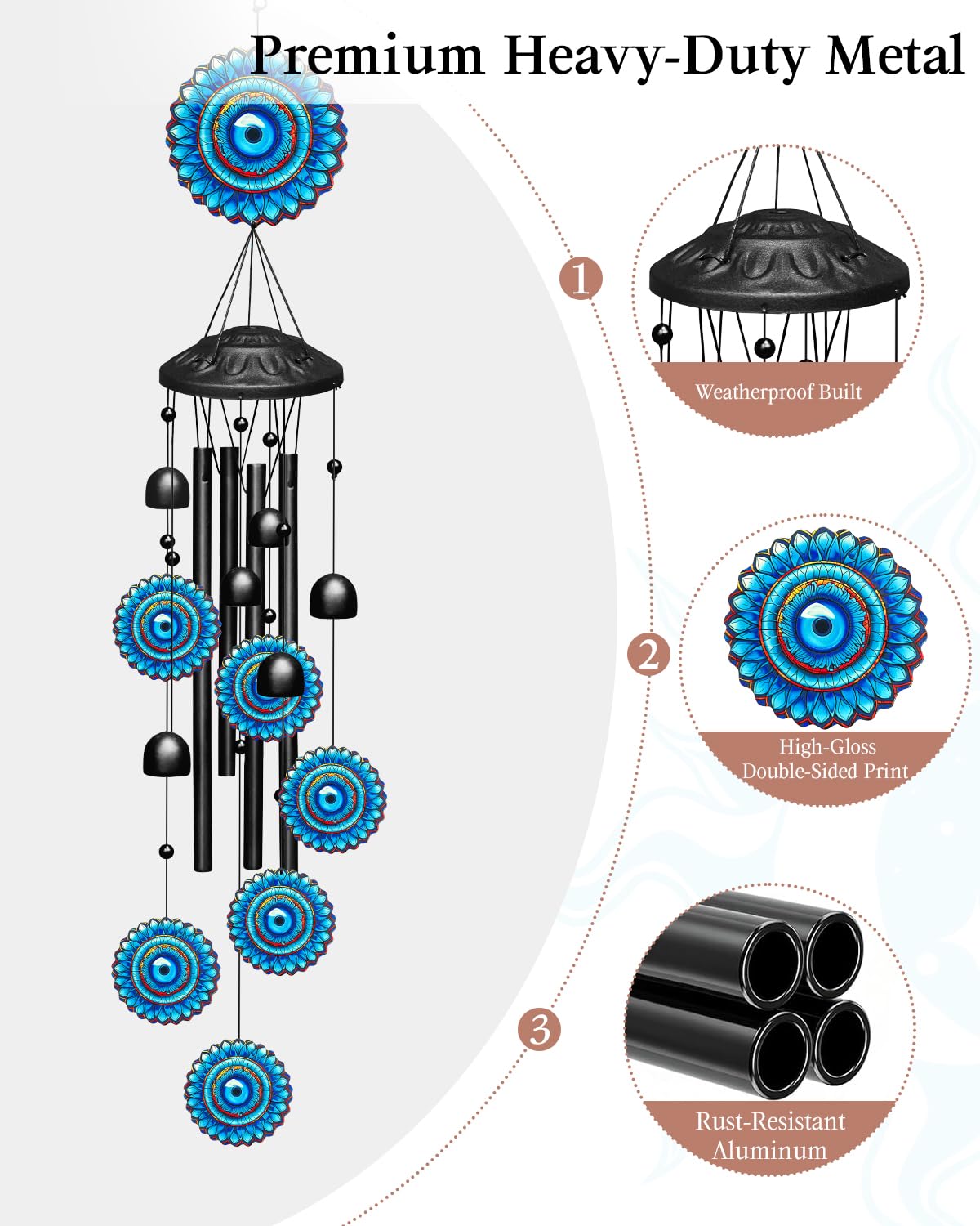 Evil Eye Wind Chimes for Outside Boho Decor, Large 35.4" Anti-Tangle Clapper-Free Tube Windchime, Radiant Sunflower Mandala Patio Ornament, Soothing Melodic Metal Bells for Garden, Yard, Balcony
