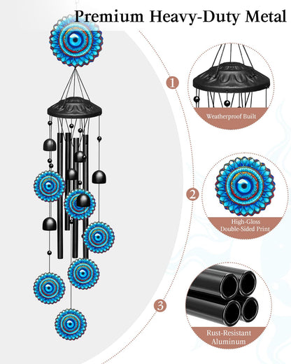 Evil Eye Wind Chimes for Outside Boho Decor, Large 35.4" Anti-Tangle Clapper-Free Tube Windchime, Radiant Sunflower Mandala Patio Ornament, Soothing Melodic Metal Bells for Garden, Yard, Balcony
