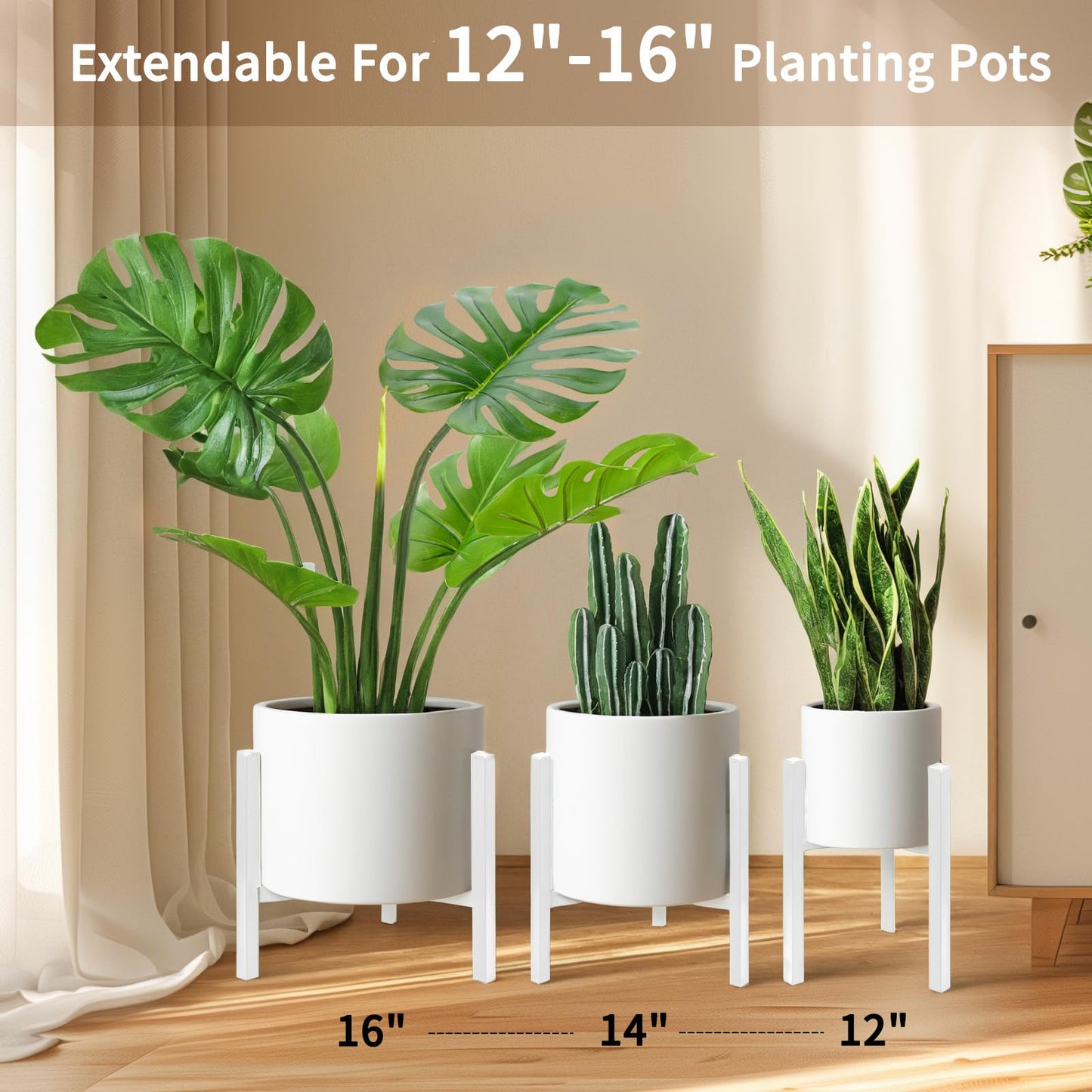 IZIDDO Adjustable Plant Stand Indoor, White Metal Planter Stands Outdoor, Mid Century Modern Plant Holder, Fit 12 14 16 inch Large Pots, Single Floor Plant Stands for Indoor Plants-1ps