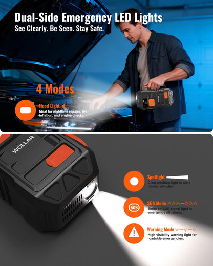 WOLLAR 4000A Peak Jump Starter with Dual-Cylinder Air Compressor - 5-in-1 Car Battery Jumper Starter, 12V Portable 160PSI Ultra-Fast Tire Inflator, 24000mAh 88.8Wh Jump Box for 10L Gas/Diesel Engines