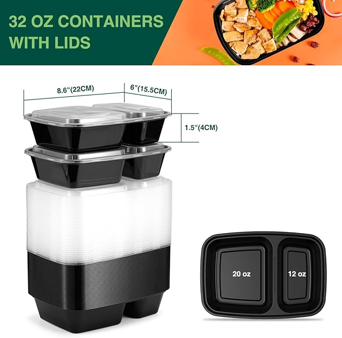 Glotoch Express 300 Pack 32oz Black 2 Compartment Square Meal Prep Containers
