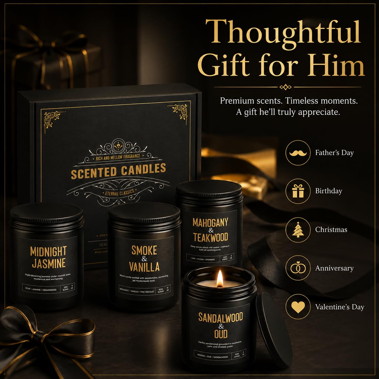 Men's Candle Gift Set, 4 Pack Crackling Wood Wick Soy Scented Candles, 36oz Masculine Aromatherapy Candles for Home, Up to 200H Burn Time, Thoughtful Gift for Fathers, Husbands and Men