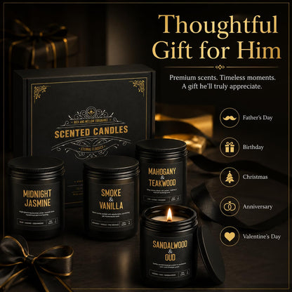 Men's Candle Gift Set, 4 Pack Crackling Wood Wick Soy Scented Candles, 36oz Masculine Aromatherapy Candles for Home, Up to 200H Burn Time, Thoughtful Gift for Fathers, Husbands and Men