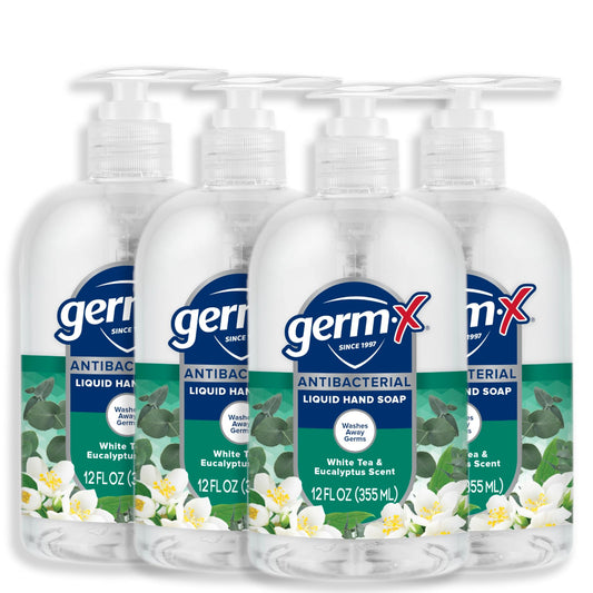 Germ-X Antibacterial Hand Soap, Moisturizing Liquid Hand Wash for Kitchen, pH Balanced & Dermatologist Tested, Back to School Supplies, White Tea & Eucalyptus, 12 oz Pump Bottle (Pack of 4)
