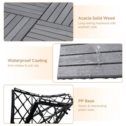 Rovibek Acacia Wood Interlocking Deck Tiles, 30PCS 12"x12" Outdoor Waterproof Decking Tiles, All Weather Use for Balcony Patio Backyard Poolside, Indoor & Outdoor, Striped Gray