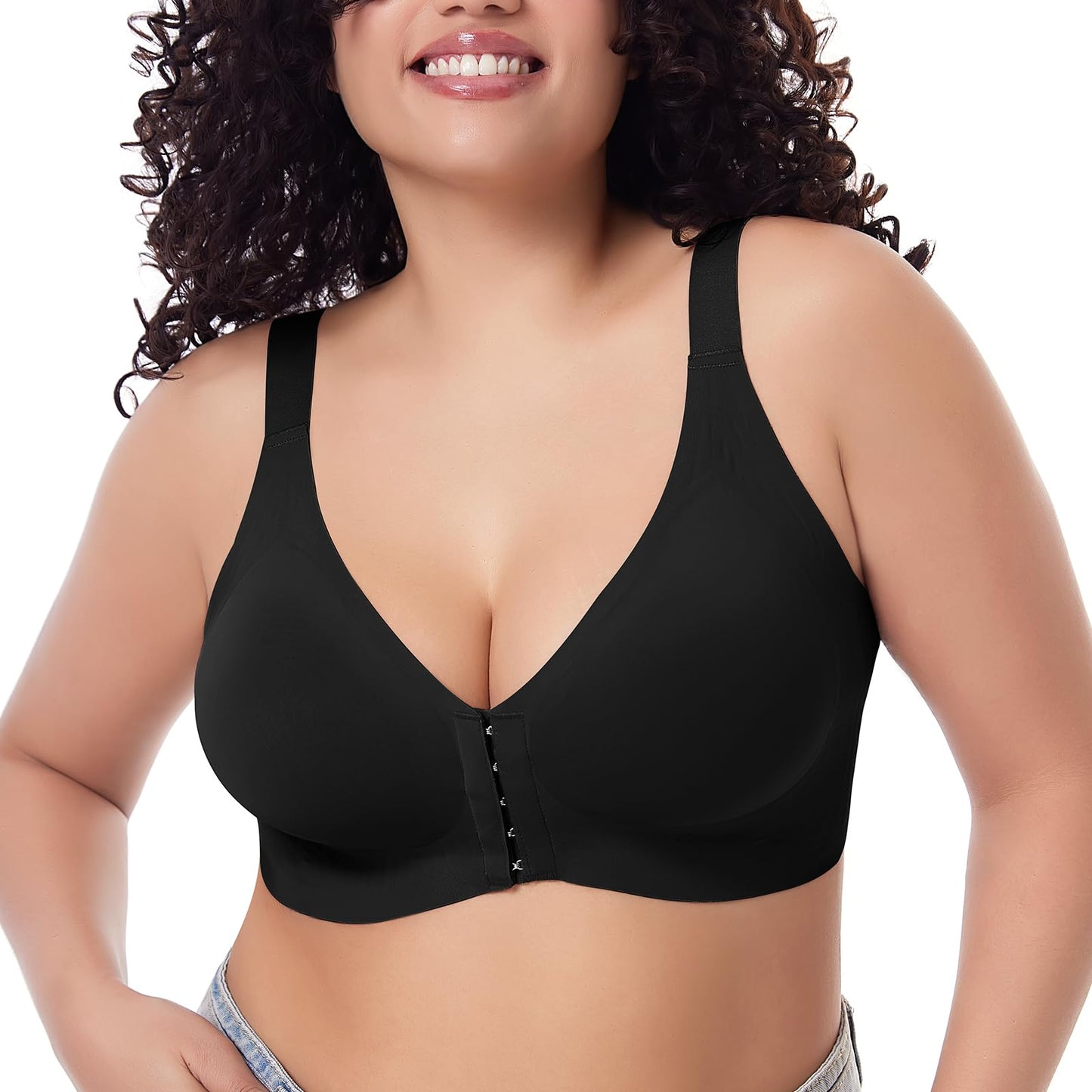 Starmiss Seamless Front Closure Bra for Women Posture Back Smoothing Wireless Brasieres, Black, L