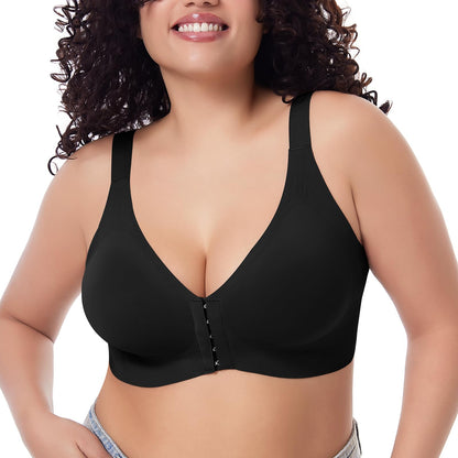 Starmiss Seamless Front Closure Bra for Women Posture Back Smoothing Wireless Brasieres, Black, L